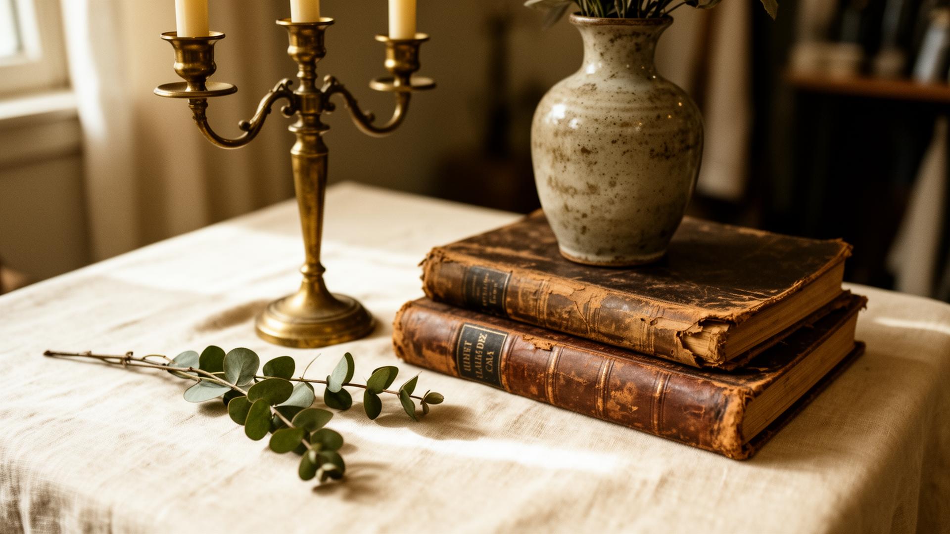 Vintage still life with brass candelabra and antique books